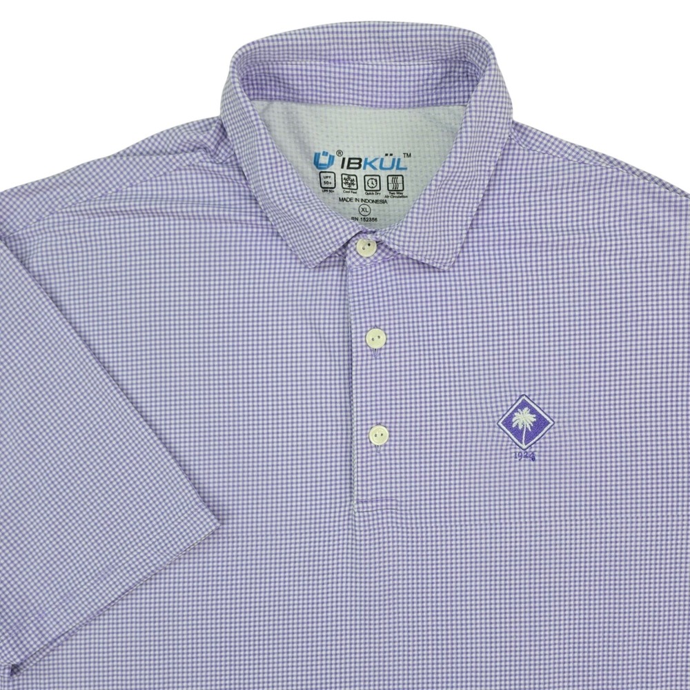 IBKUL Performance Polo Shirt Mens XL Purple Gingham UPF 50 Quick Dry Golf Tennis